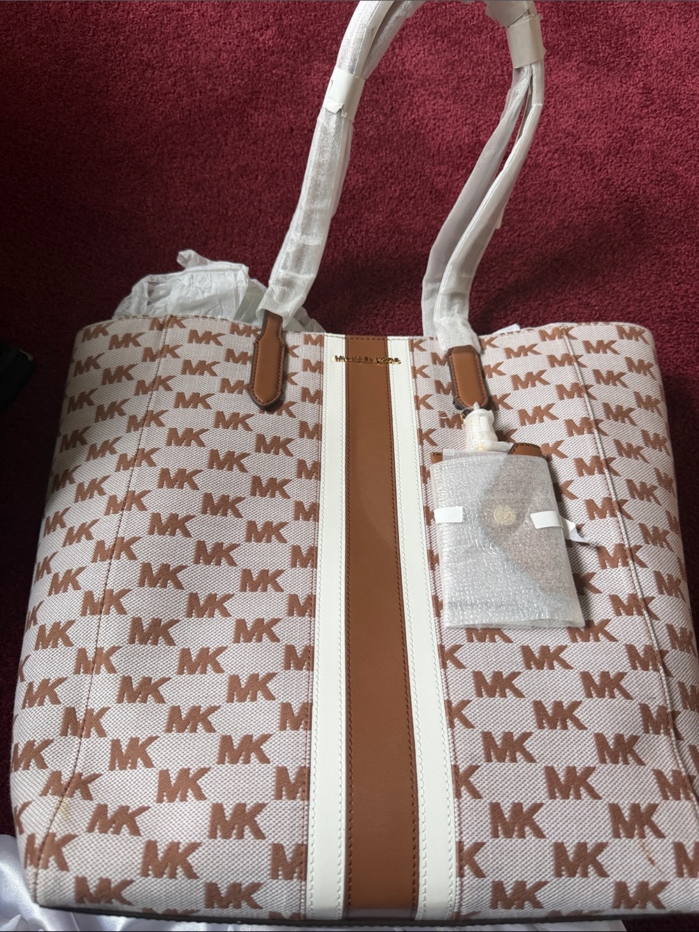 Michael Kors White & Brown MK Signature Stripe Tote